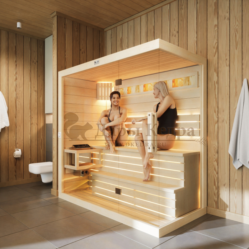 Трехместная прямая финская «Элит» сауна кабина из кедра и липы с электрокаменкой